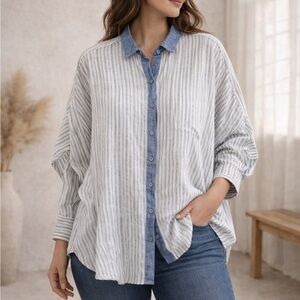 Sunday St Tropez Linen Pinstripe Blue White Oversized Coastal Button Down Shirt